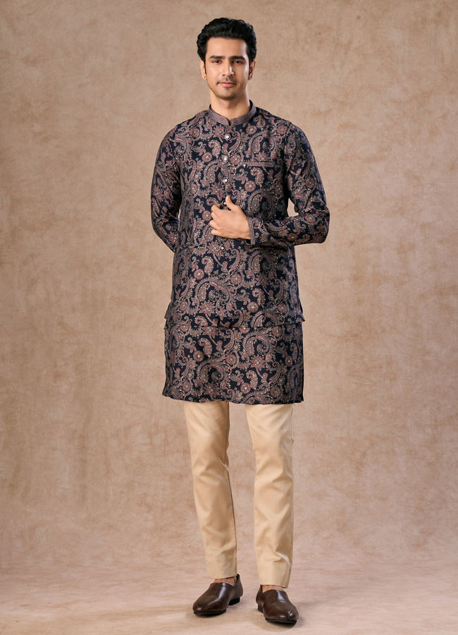 Manyavar Men Royal Blue Kurta Jacket Set