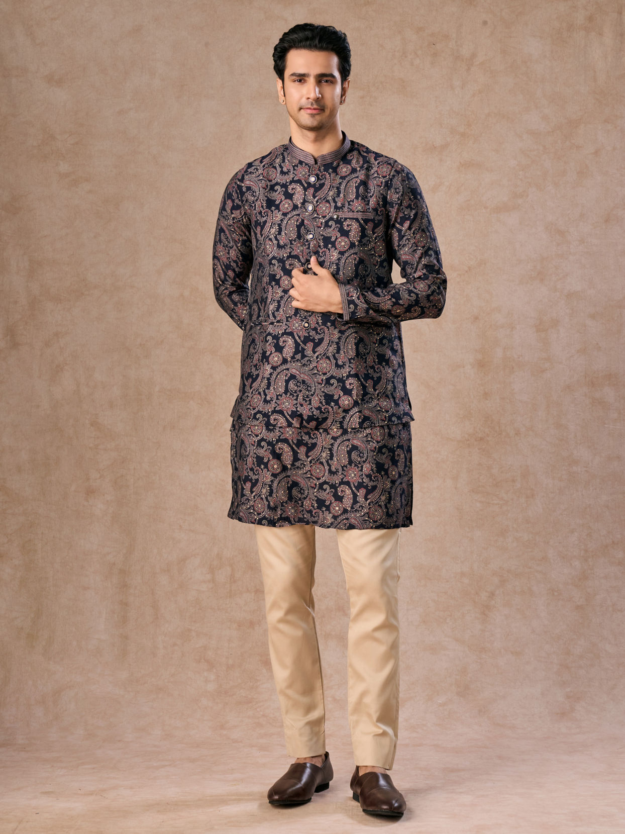 Manyavar Men Royal Blue Kurta Jacket Set