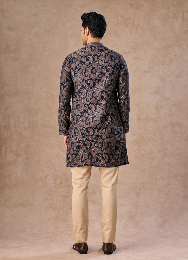 Manyavar Men Royal Blue Kurta Jacket Set