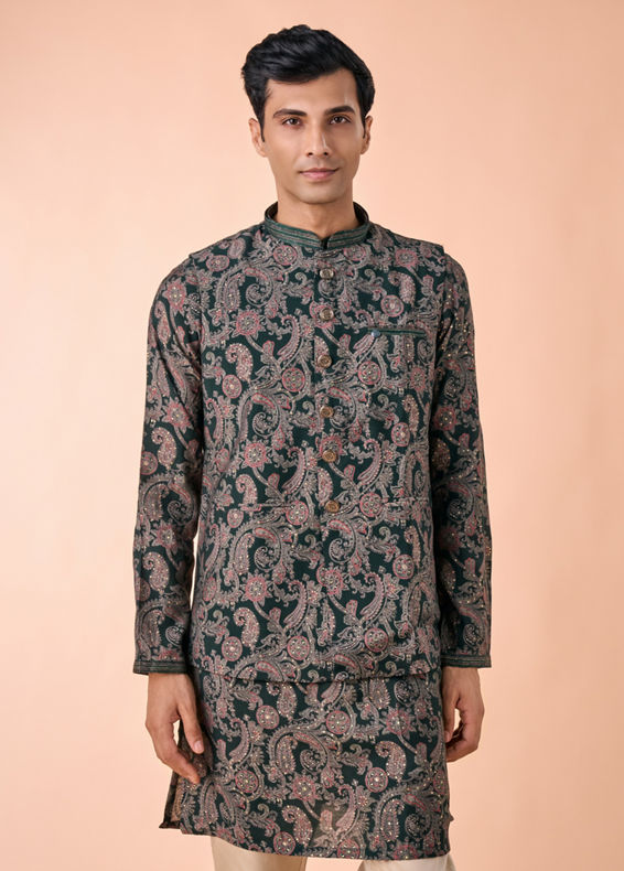 Manyavar Men Dark Green Kurta Jacket Set
