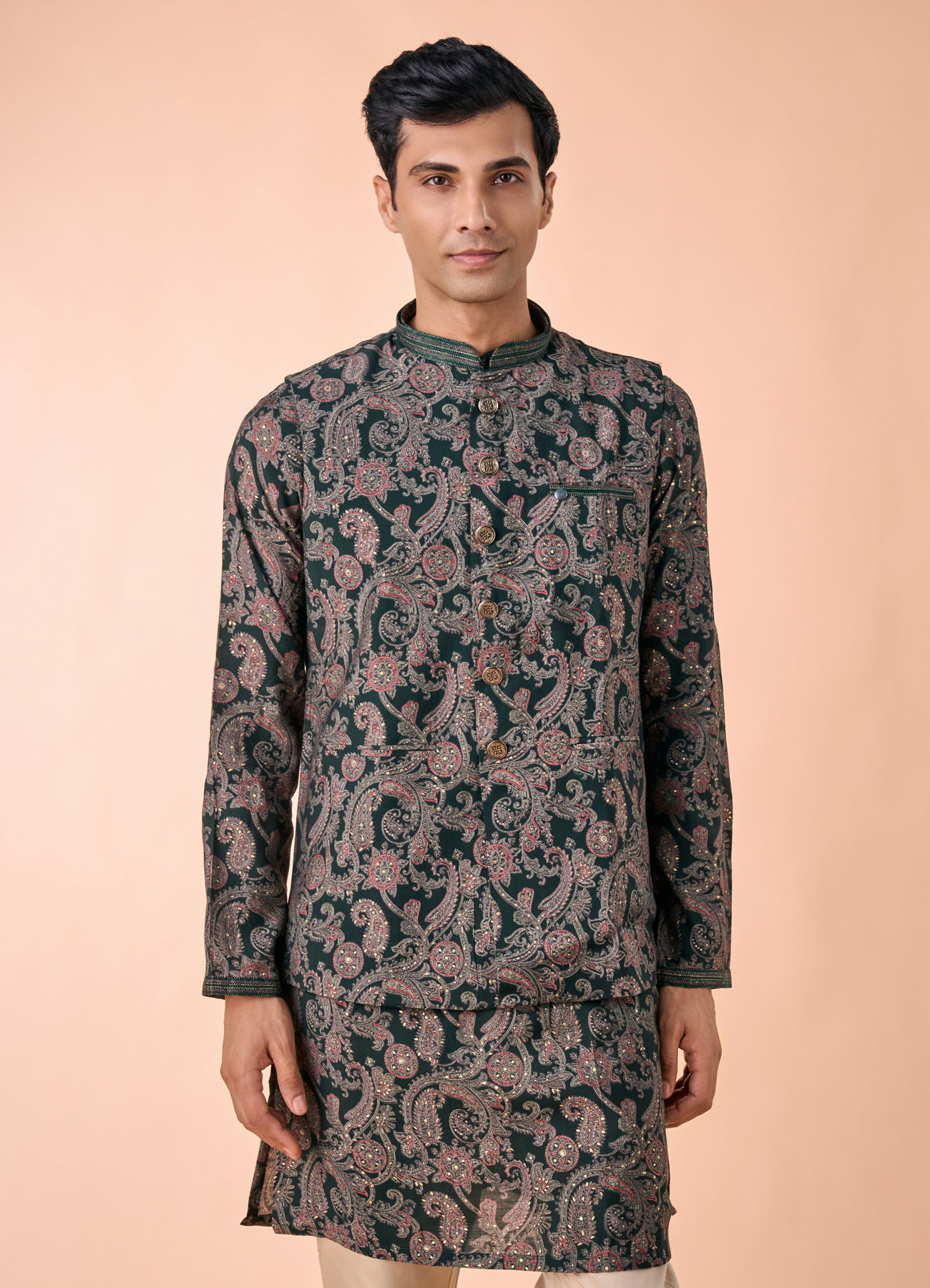 Manyavar Men Dark Green Kurta Jacket Set