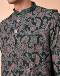 Manyavar Men Dark Green Kurta Jacket Set
