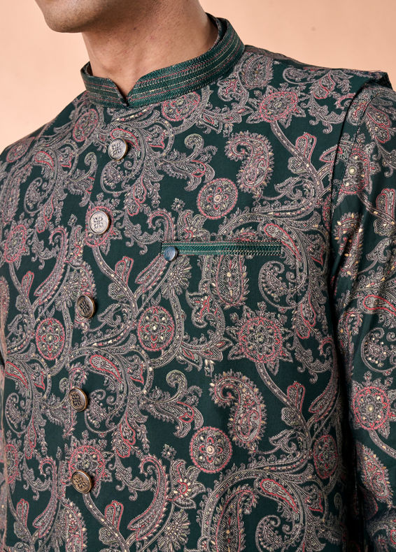 Manyavar Men Dark Green Kurta Jacket Set