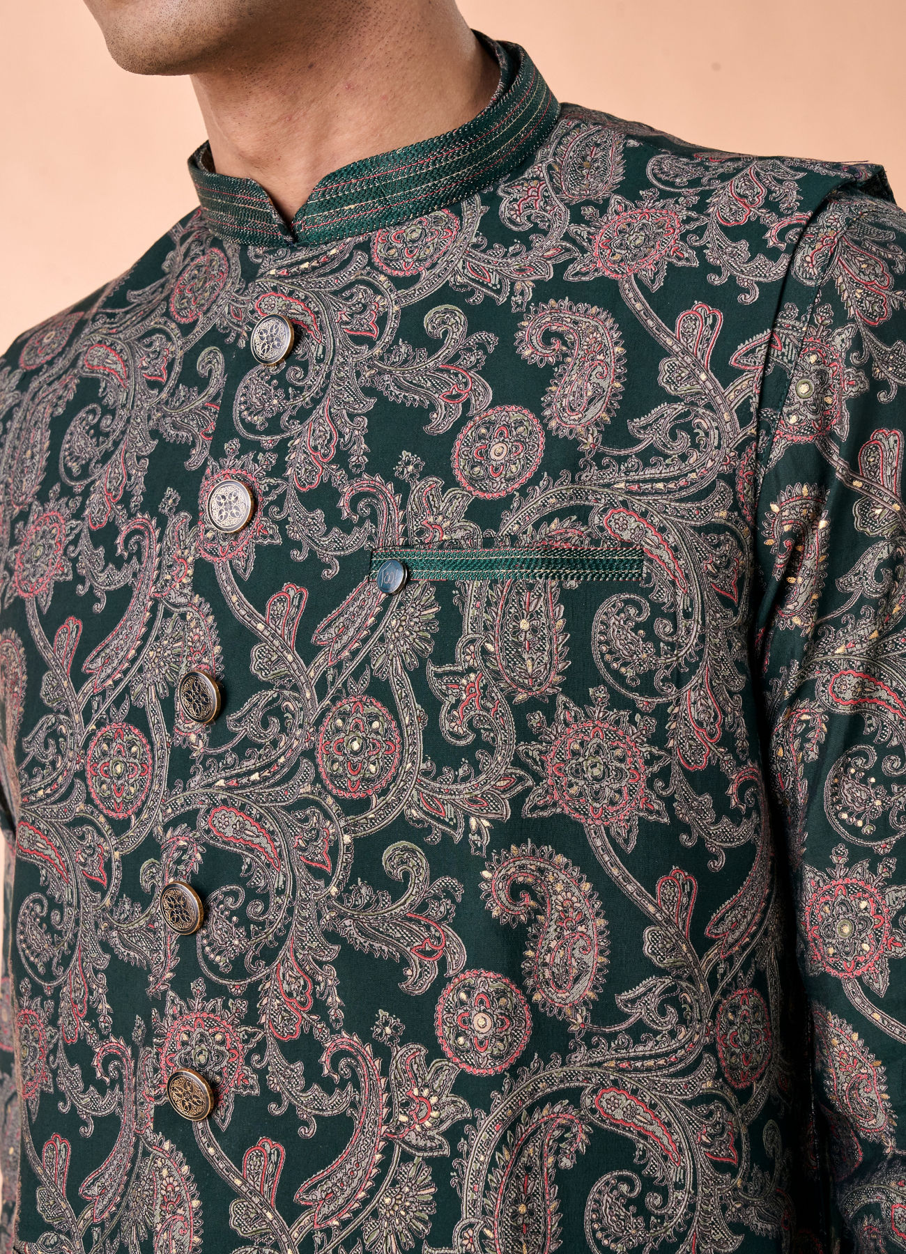 Manyavar Men Dark Green Kurta Jacket Set