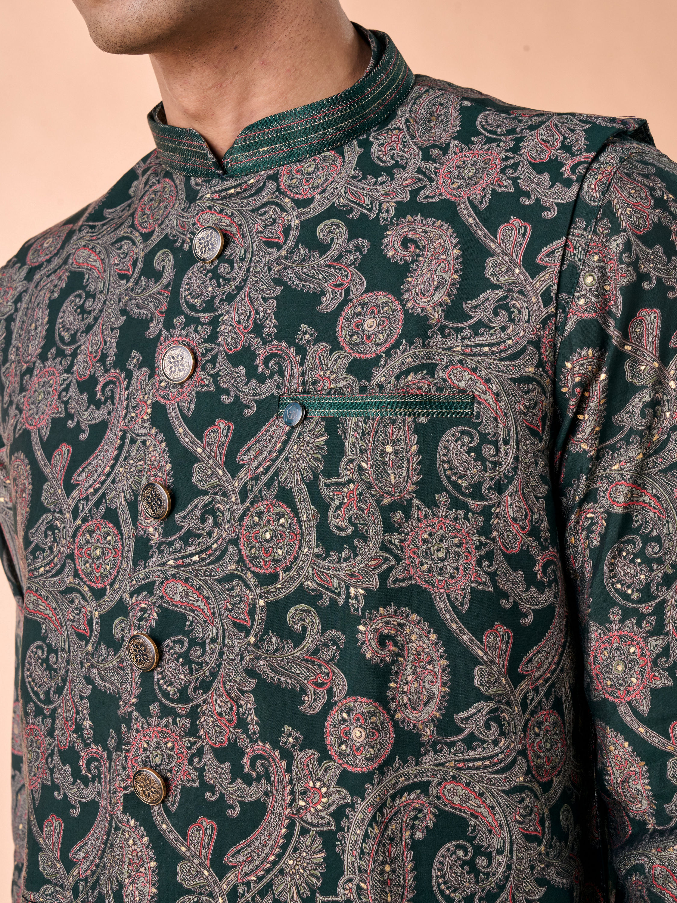 Manyavar Men Dark Green Kurta Jacket Set