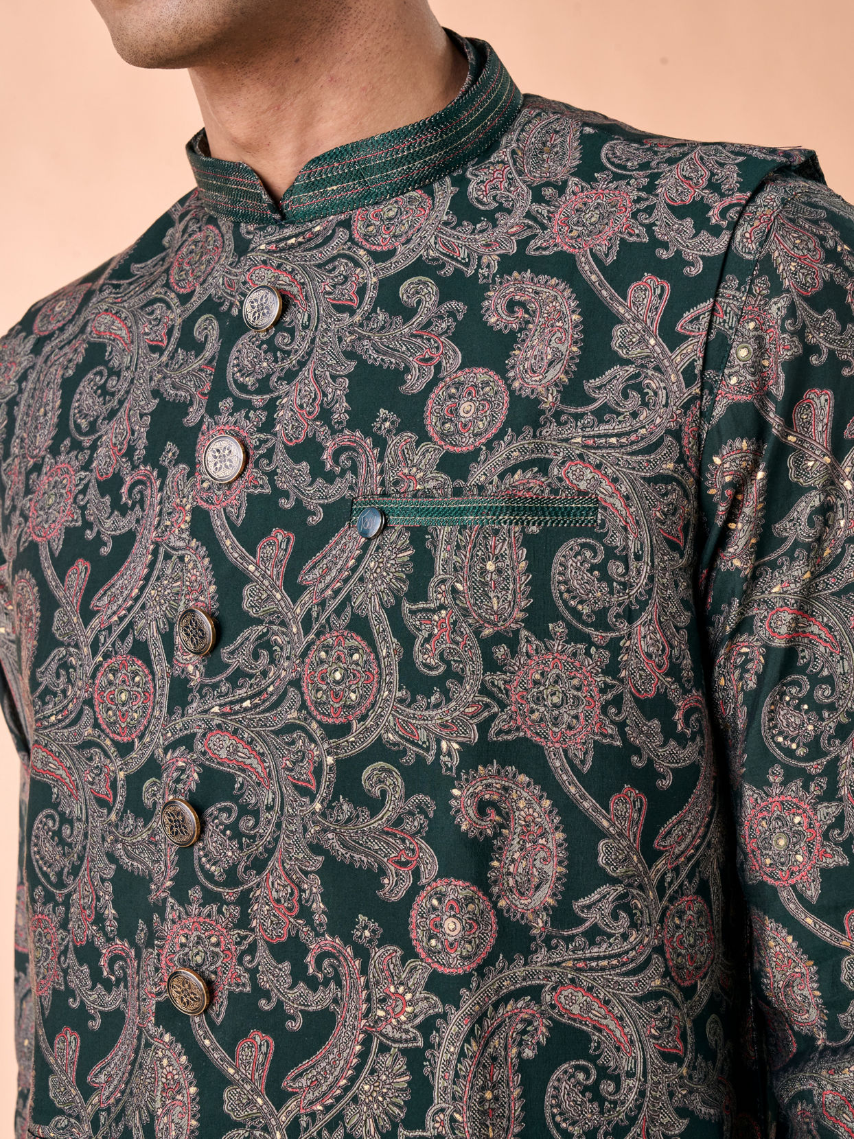 Manyavar Men Dark Green Kurta Jacket Set