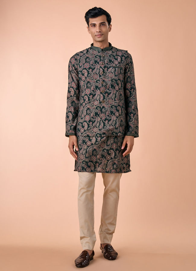 Manyavar Men Dark Green Kurta Jacket Set