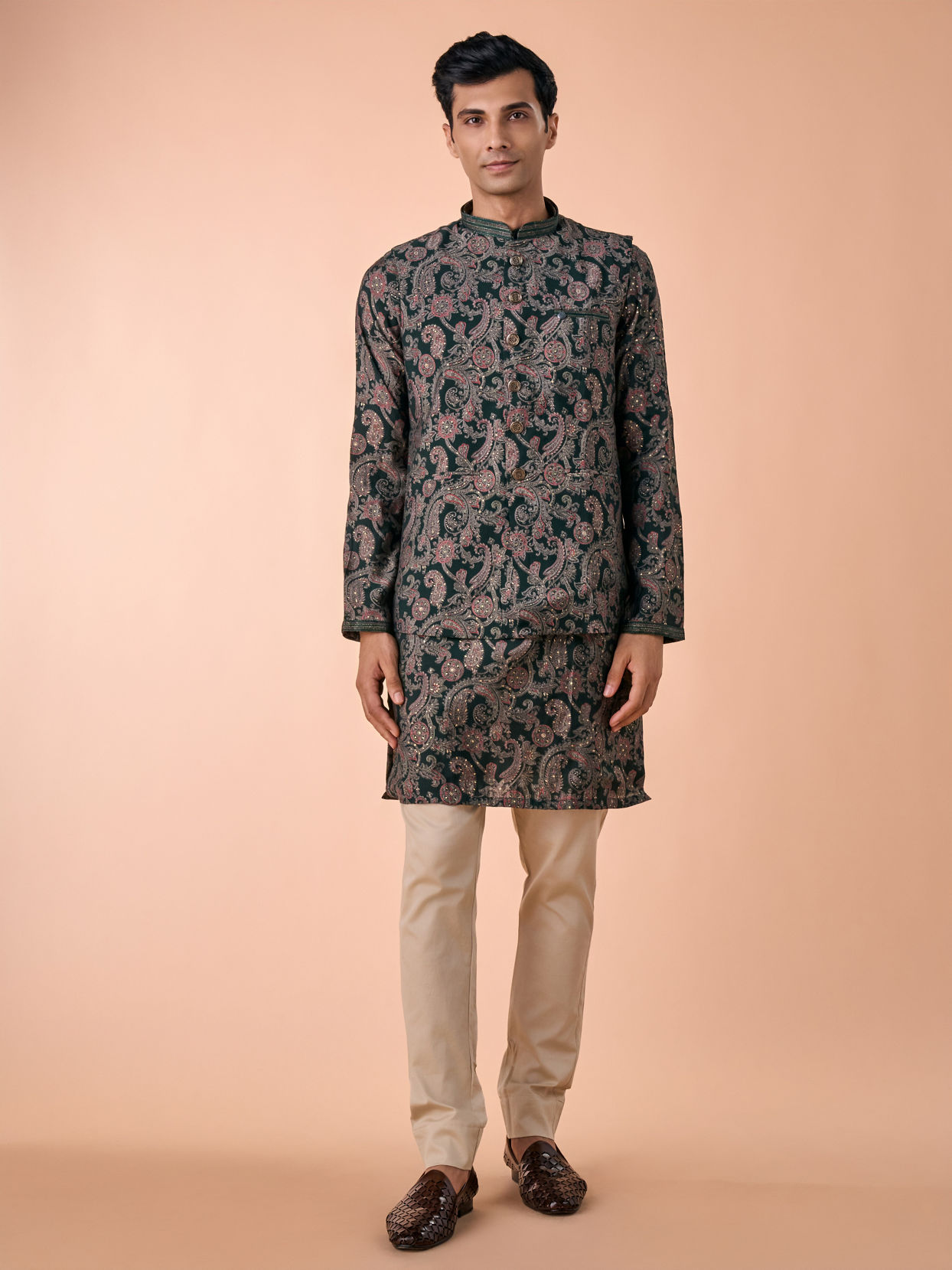 Manyavar Men Dark Green Kurta Jacket Set