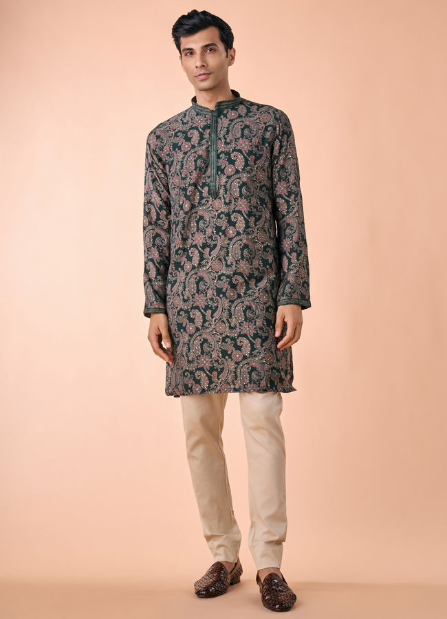 Manyavar Men Dark Green Kurta Jacket Set