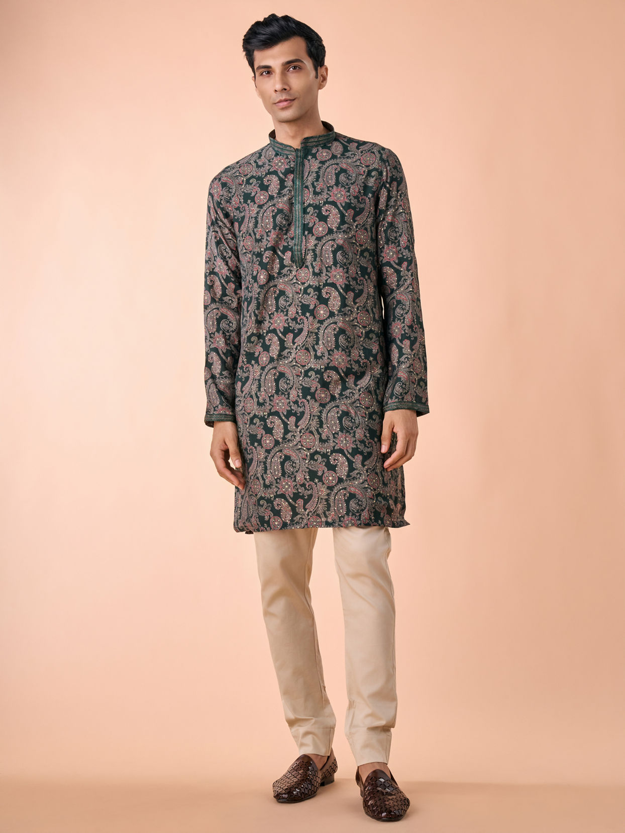 Manyavar Men Dark Green Kurta Jacket Set