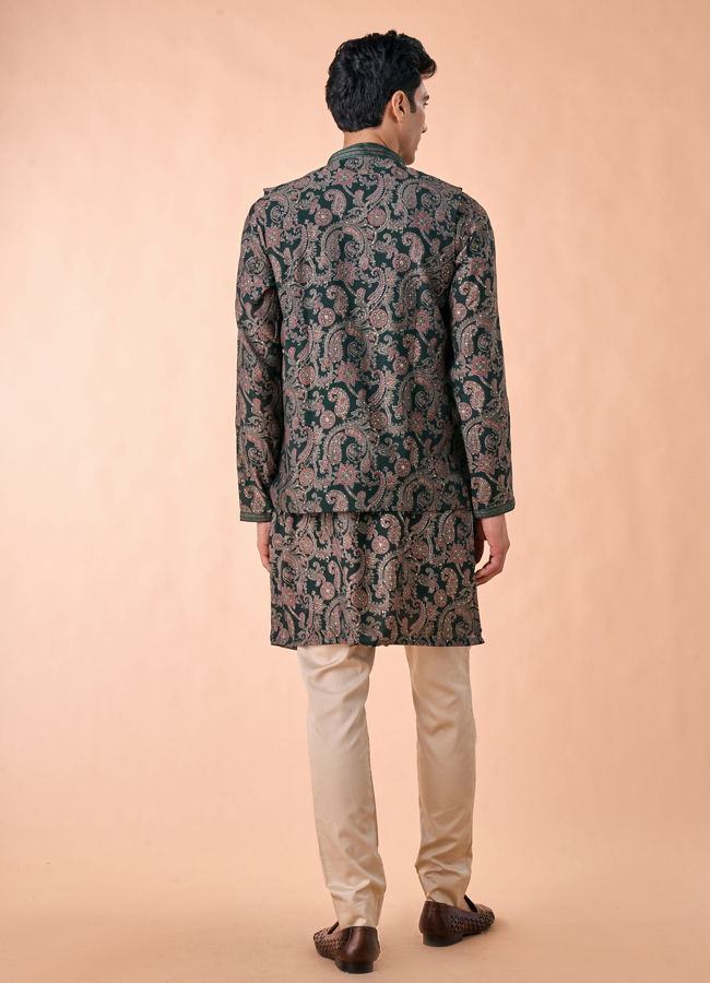 Manyavar Men Dark Green Kurta Jacket Set