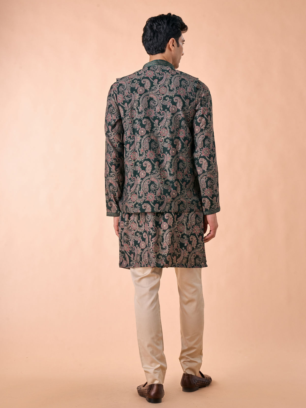 Manyavar Men Dark Green Kurta Jacket Set