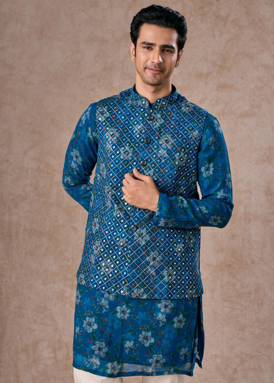 Manyavar Men Regal Teal Blue Kurta Jacket Set