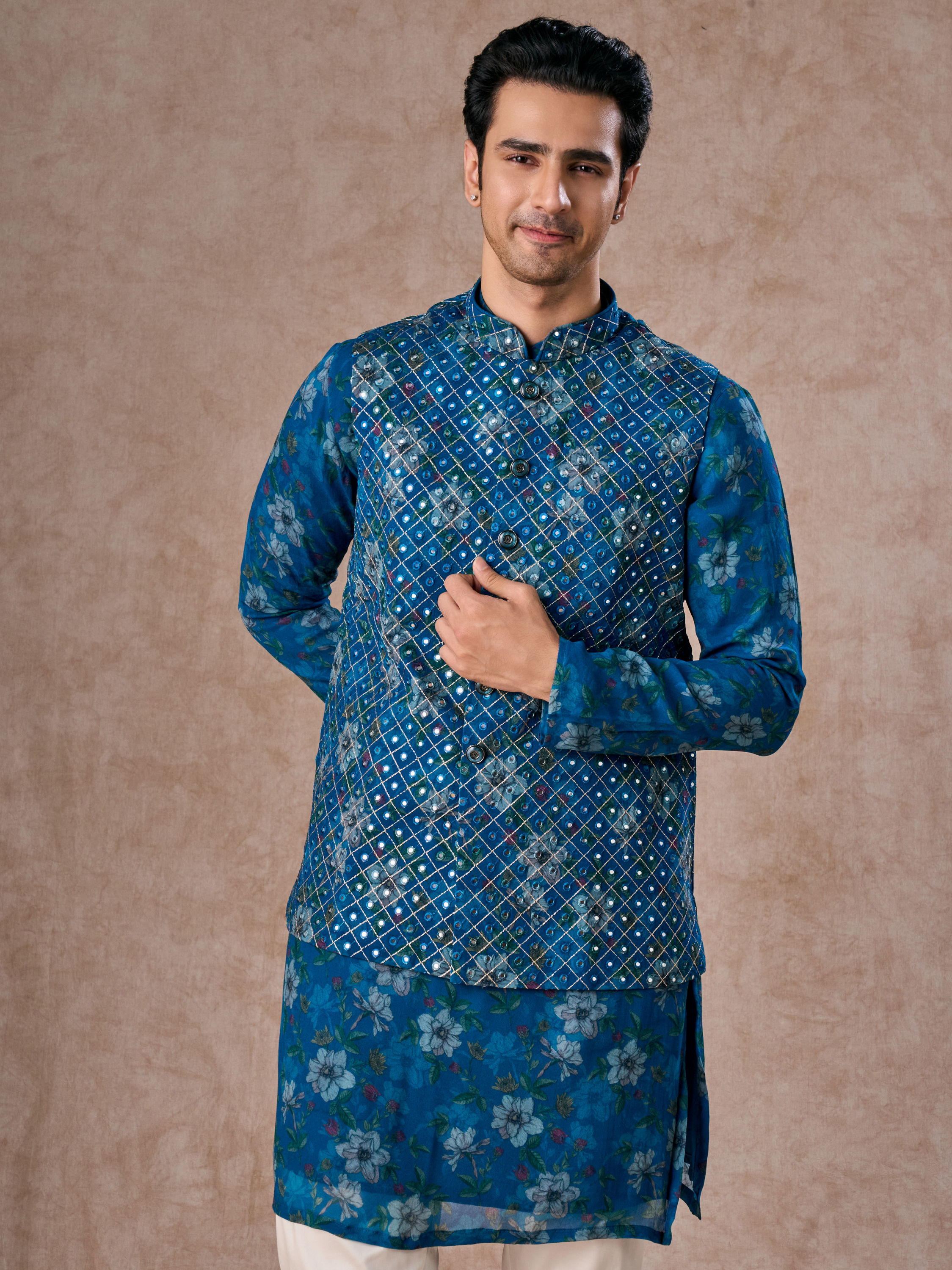Manyavar Men Regal Teal Blue Kurta Jacket Set