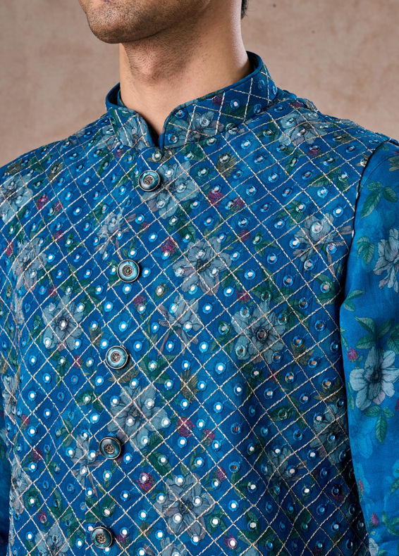 Manyavar Men Regal Teal Blue Kurta Jacket Set