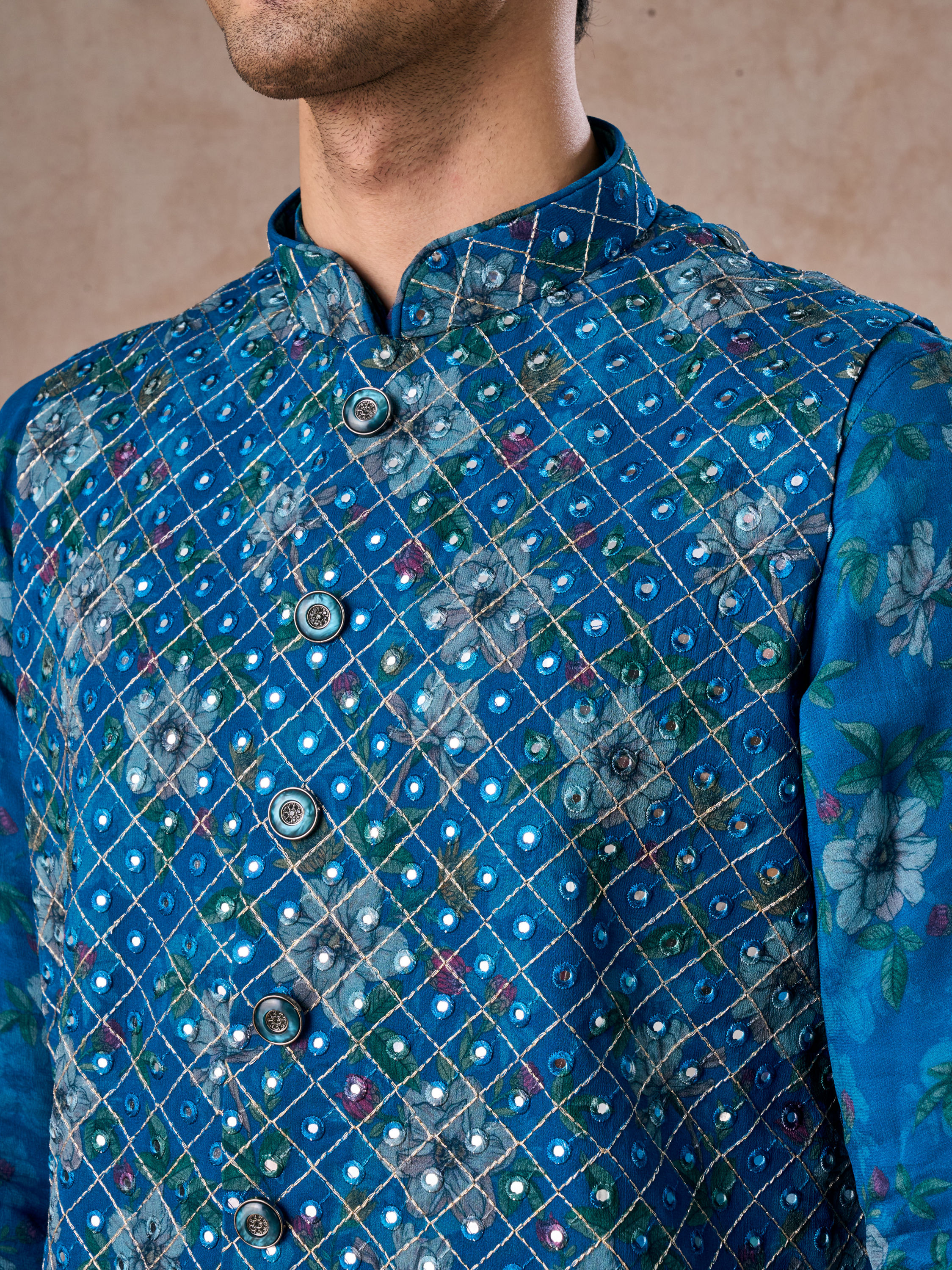 Manyavar Men Regal Teal Blue Kurta Jacket Set