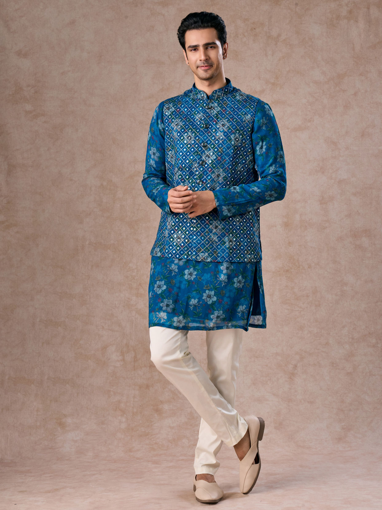 Manyavar Men Regal Teal Blue Kurta Jacket Set