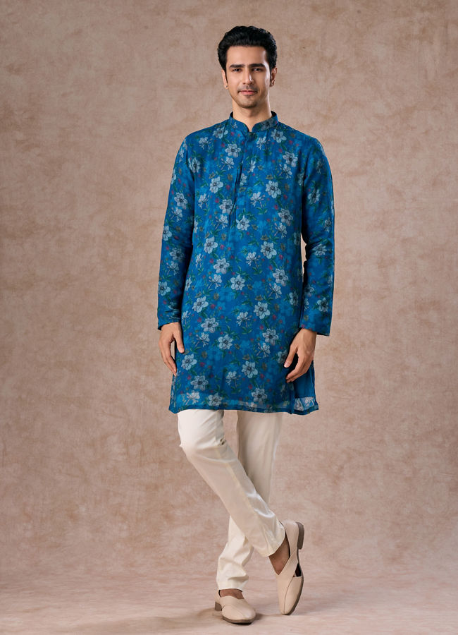 Manyavar Men Regal Teal Blue Kurta Jacket Set