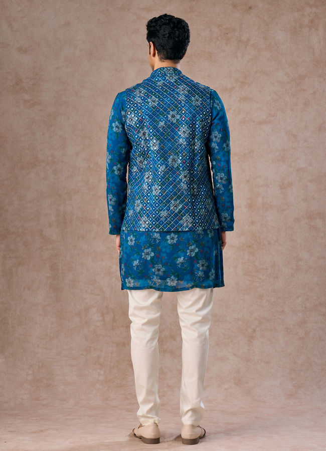 Manyavar Men Regal Teal Blue Kurta Jacket Set