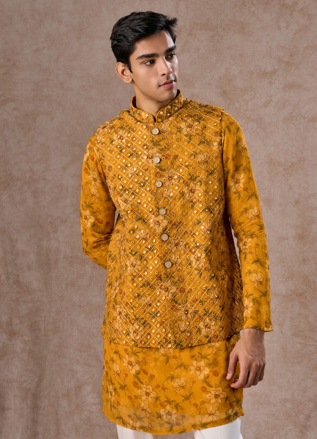 Manyavar Men Radiant Mustard Kurta Jacket Set