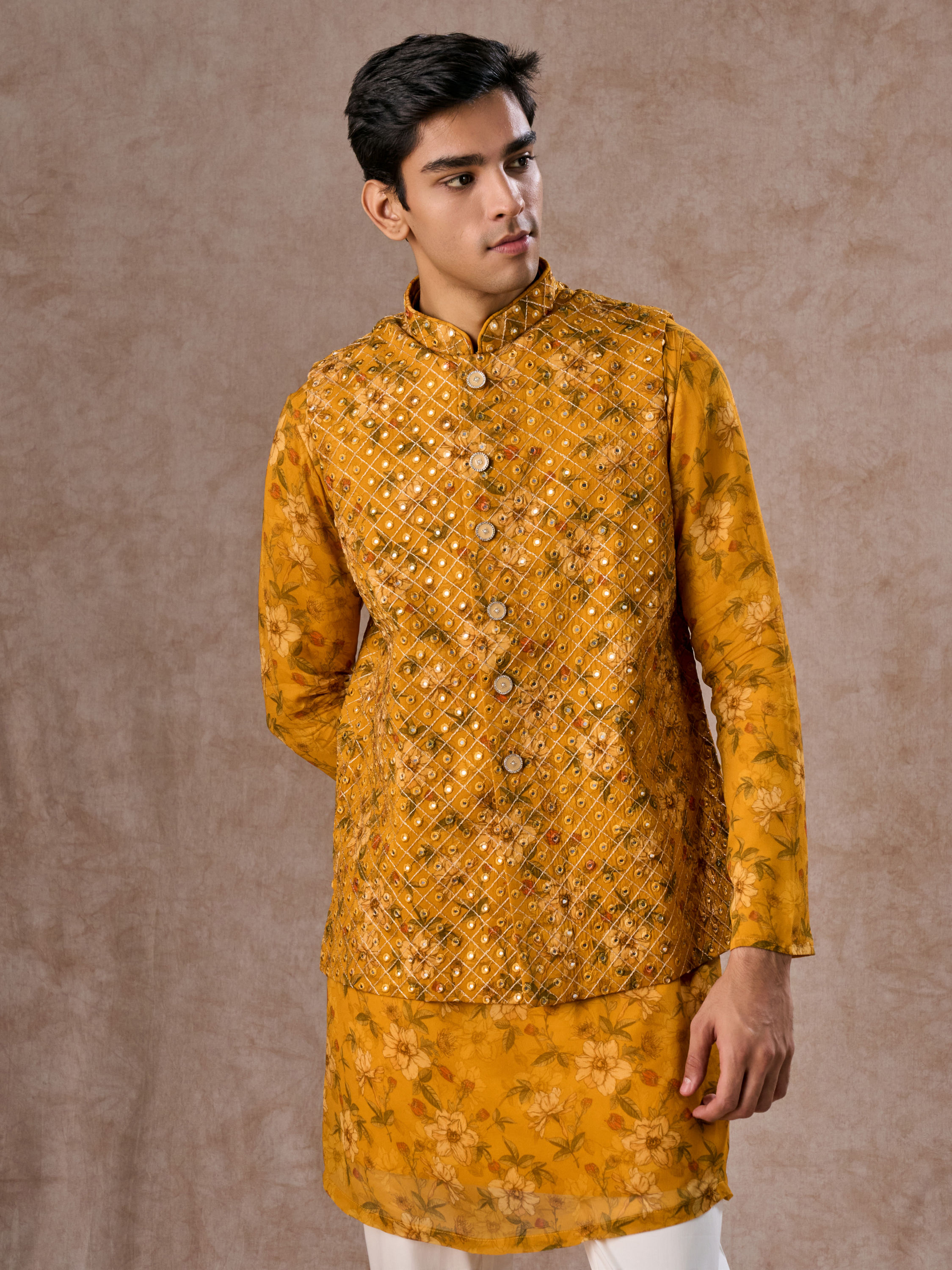 Manyavar Men Radiant Mustard Kurta Jacket Set