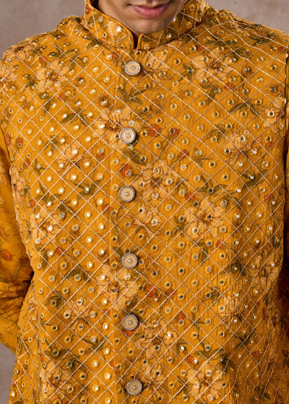 Manyavar Men Radiant Mustard Kurta Jacket Set