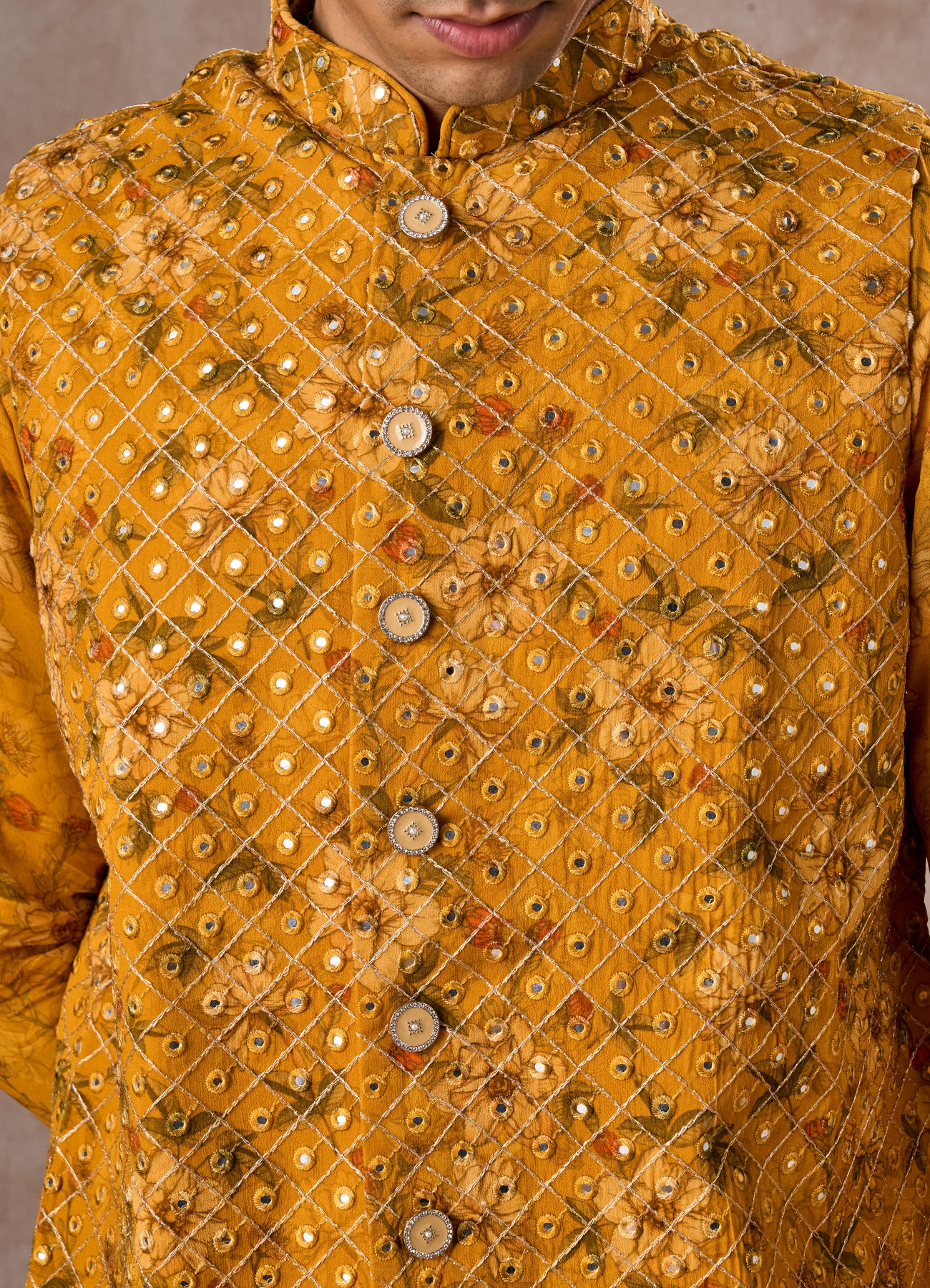 Manyavar Men Radiant Mustard Kurta Jacket Set