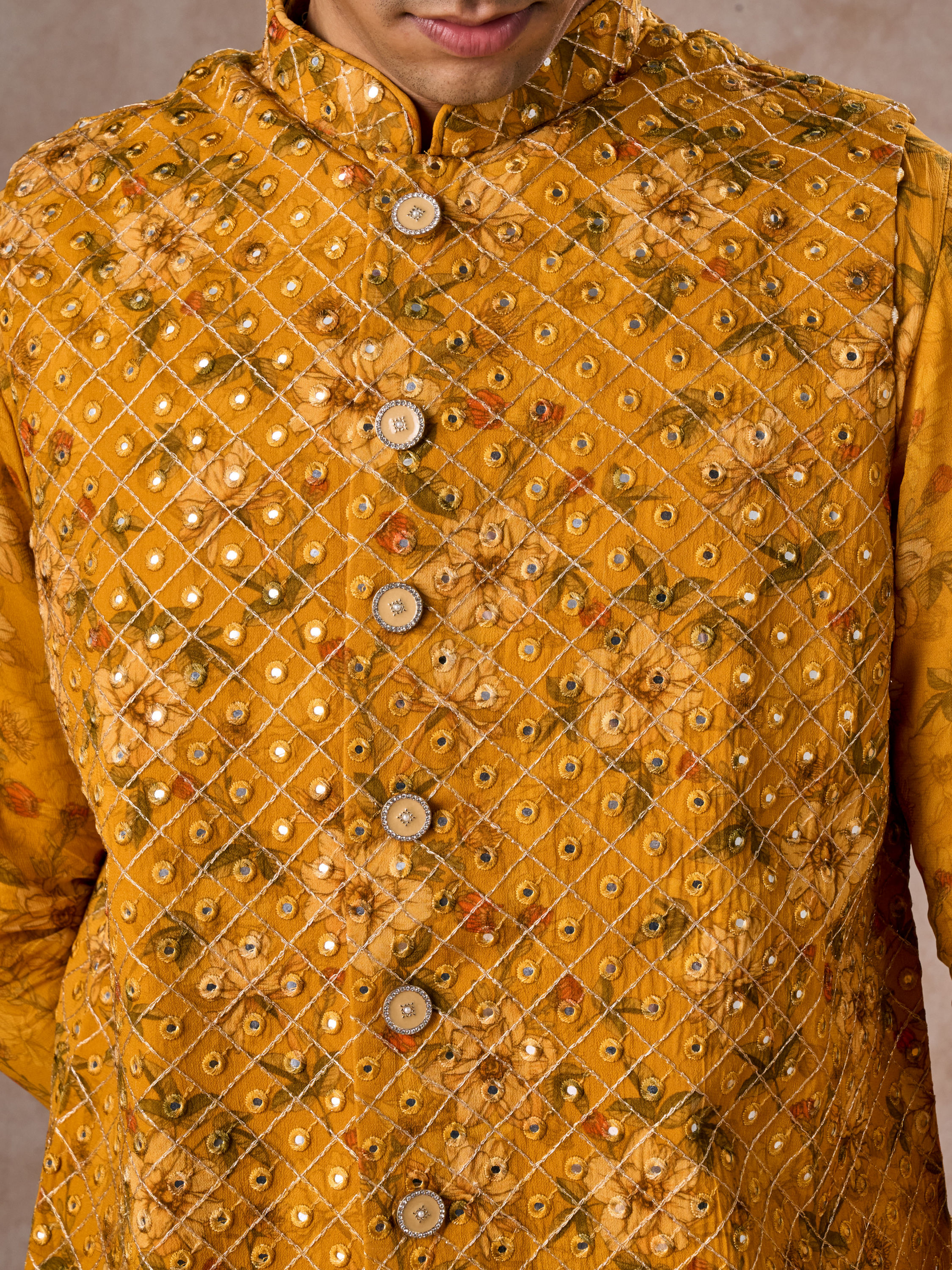 Manyavar Men Radiant Mustard Kurta Jacket Set