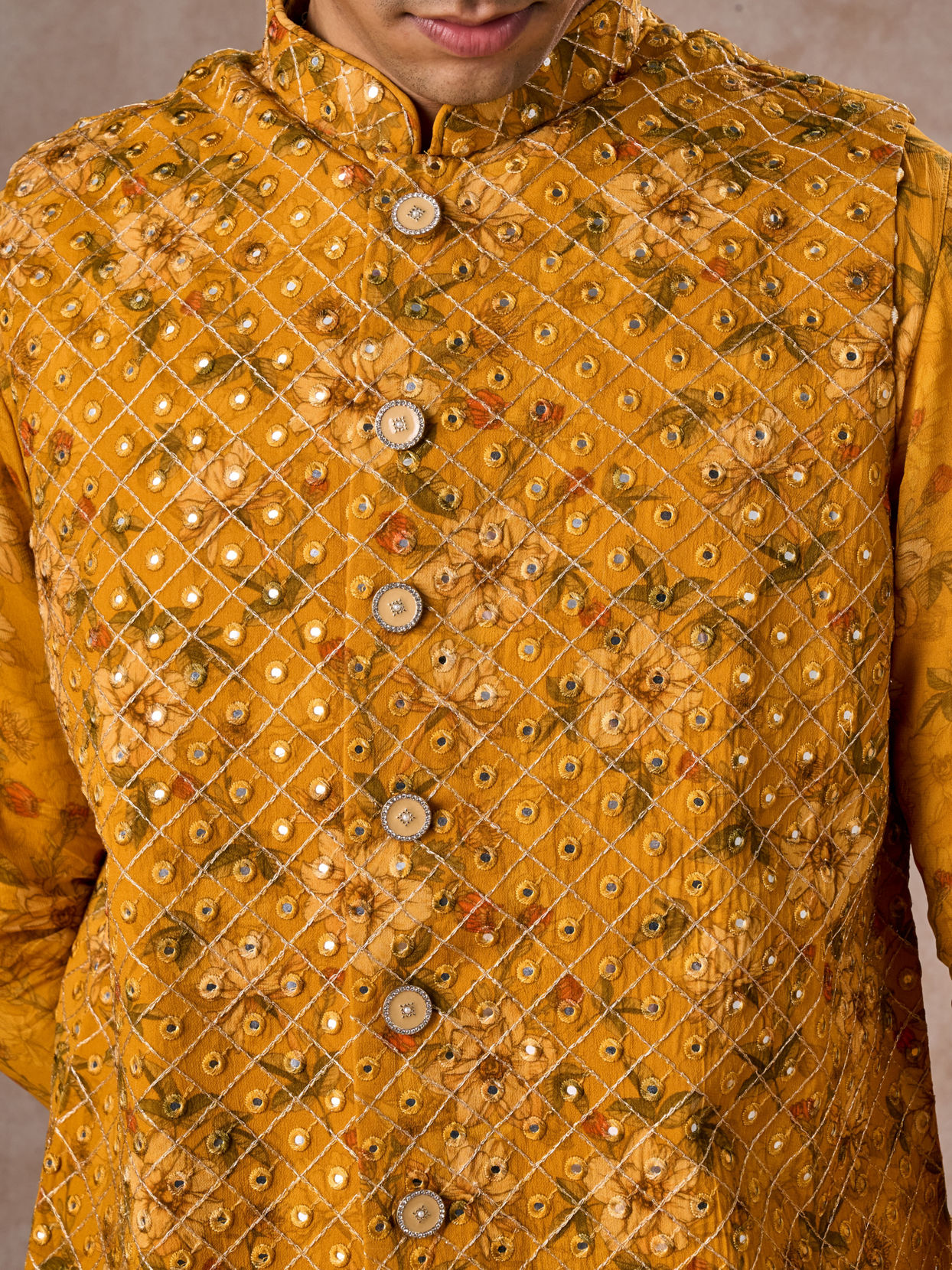 Manyavar Men Radiant Mustard Kurta Jacket Set