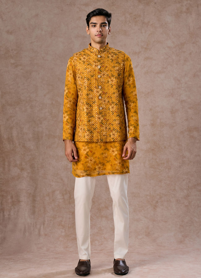 Manyavar Men Radiant Mustard Kurta Jacket Set