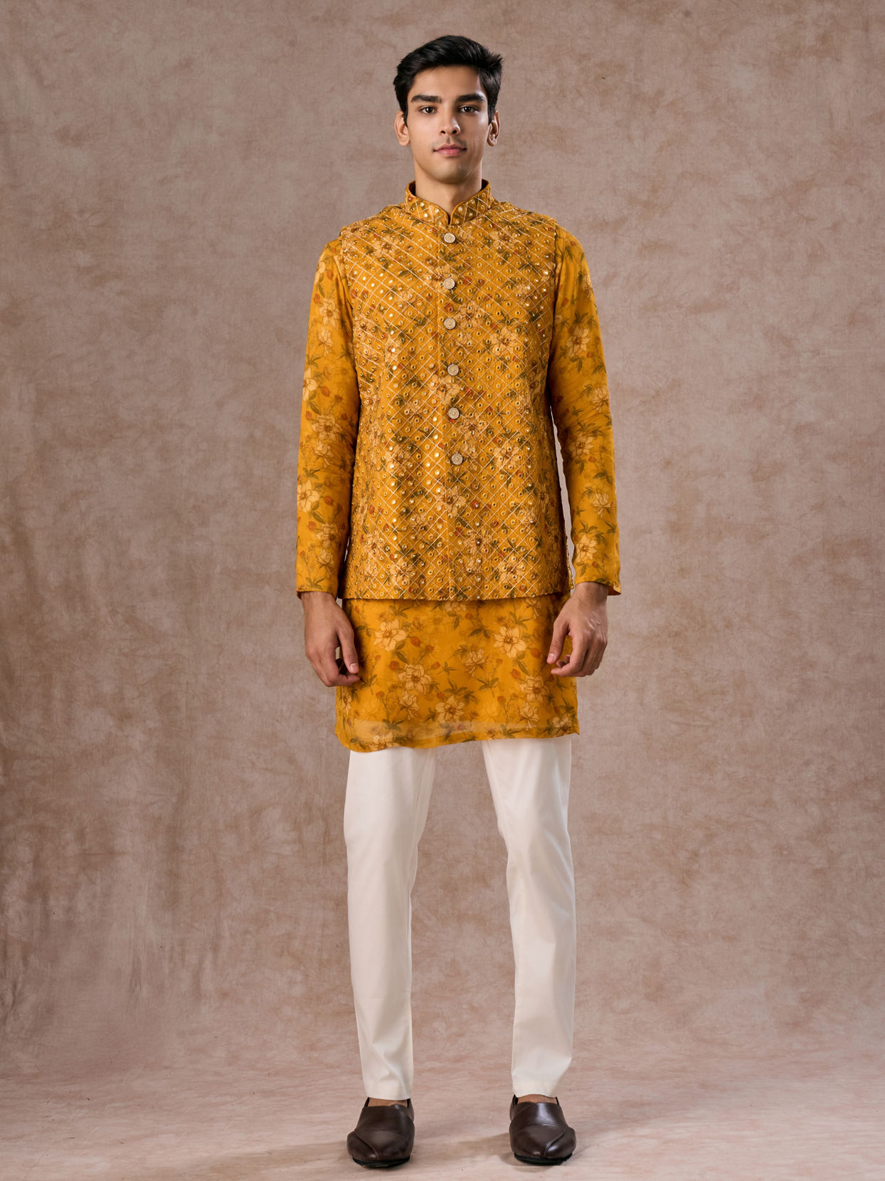Manyavar Men Radiant Mustard Kurta Jacket Set