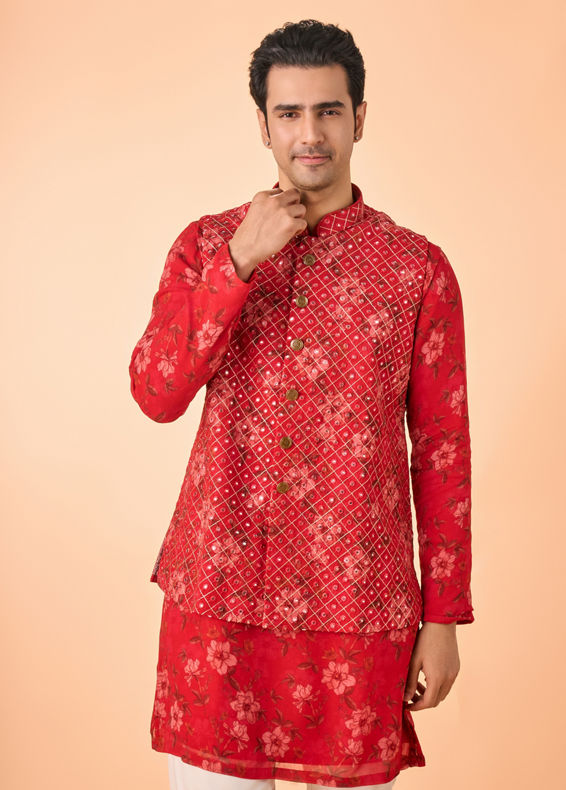 Manyavar Men Regal Red Kurta Jacket Set