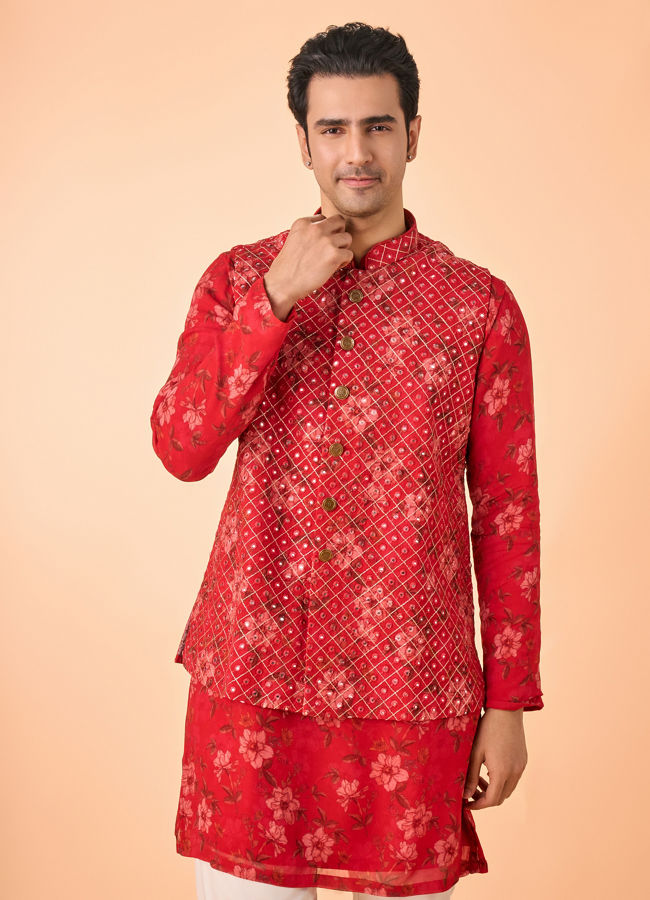 Manyavar Men Regal Red Kurta Jacket Set