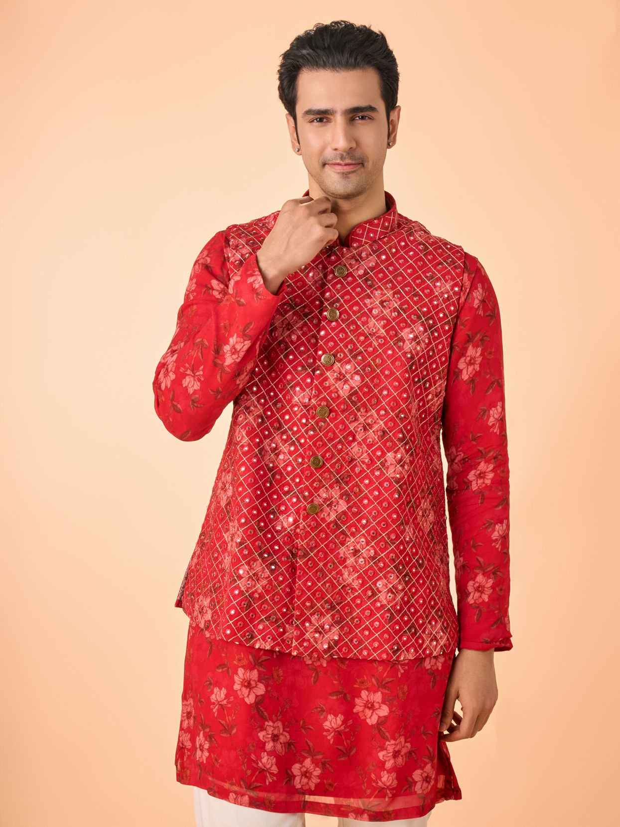 Manyavar Men Regal Red Kurta Jacket Set