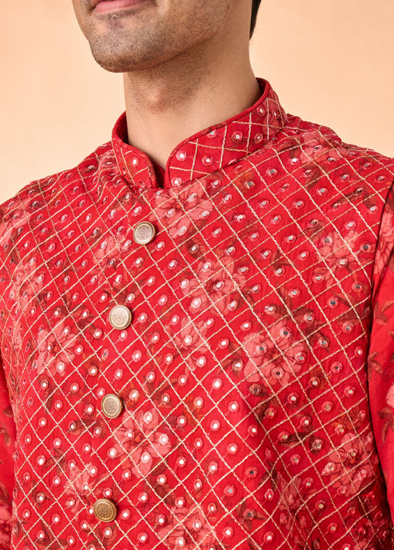 Manyavar Men Regal Red Kurta Jacket Set