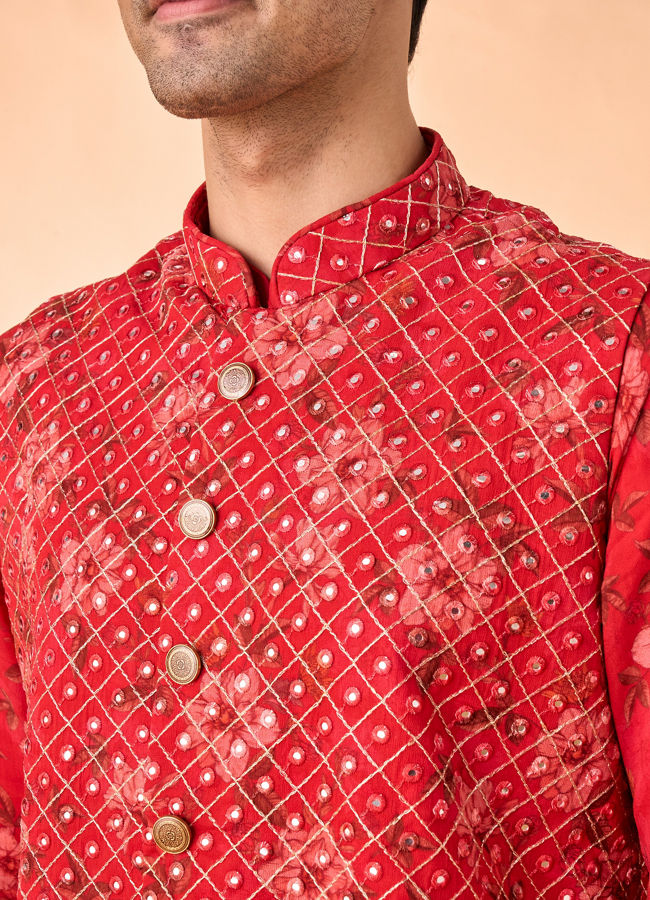Manyavar Men Regal Red Kurta Jacket Set
