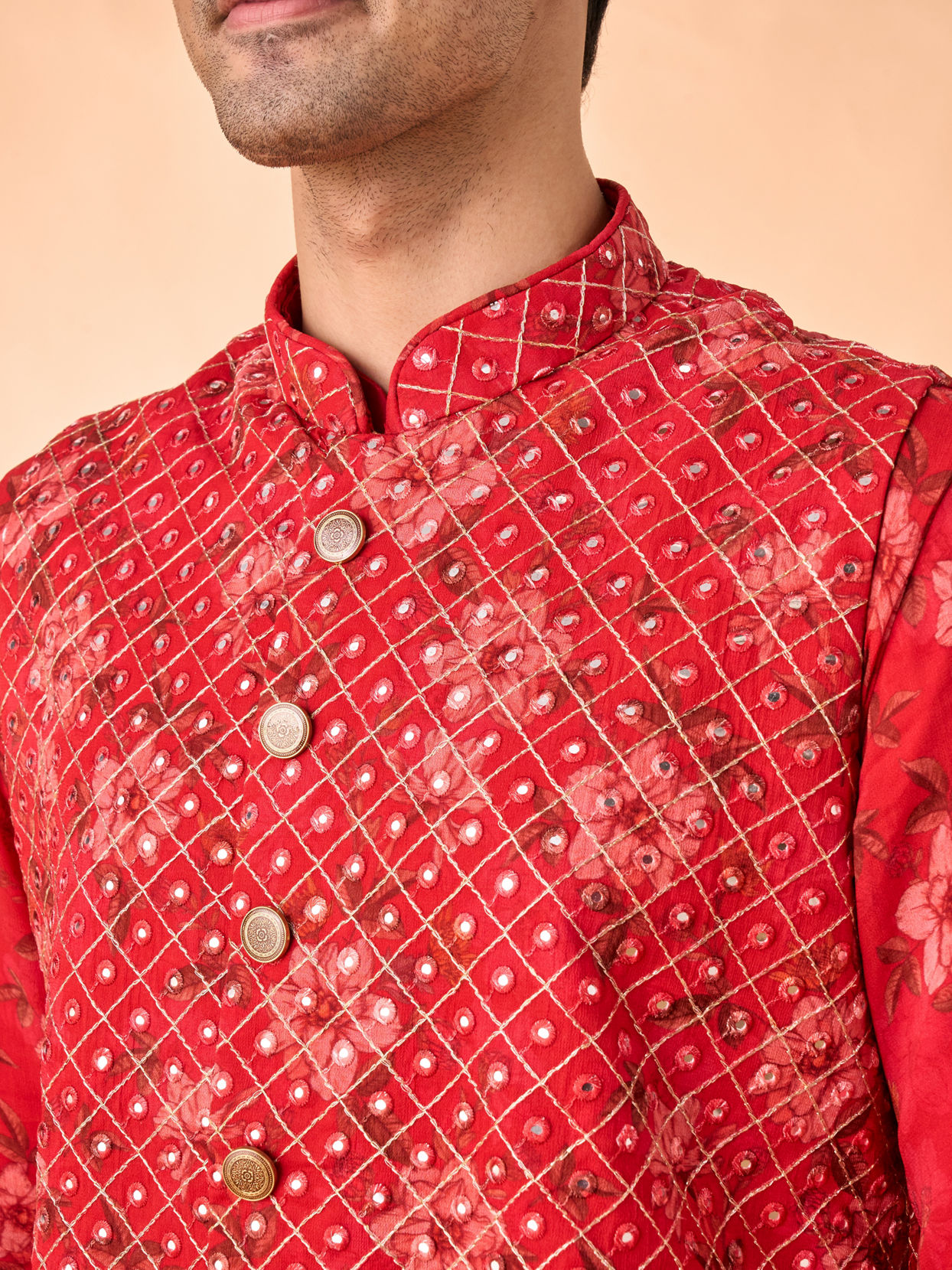 Manyavar Men Regal Red Kurta Jacket Set