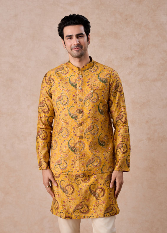 Manyavar Men Mustard Yellow Radiance Kurta Jacket Set