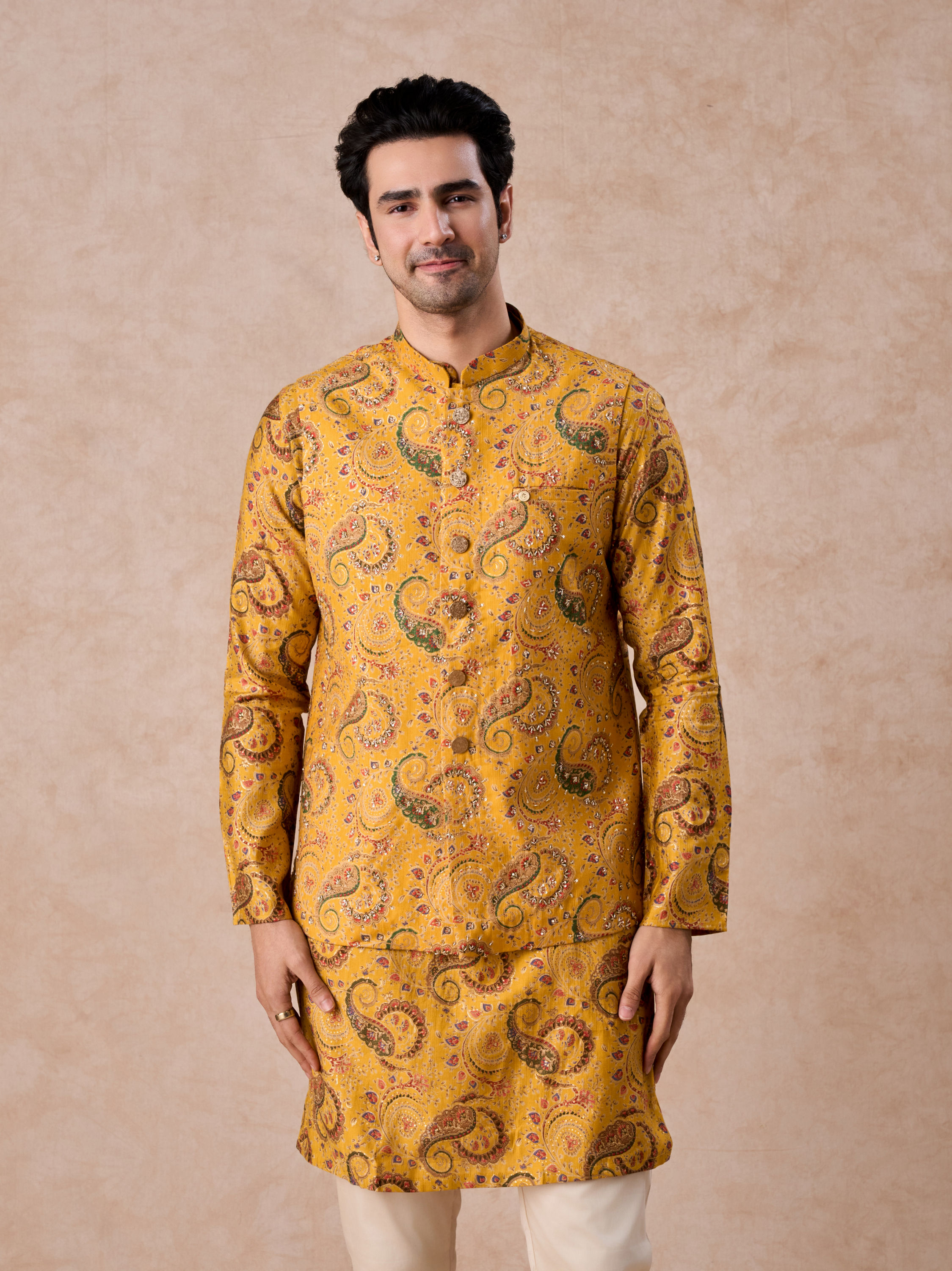 Manyavar Men Mustard Yellow Radiance Kurta Jacket Set