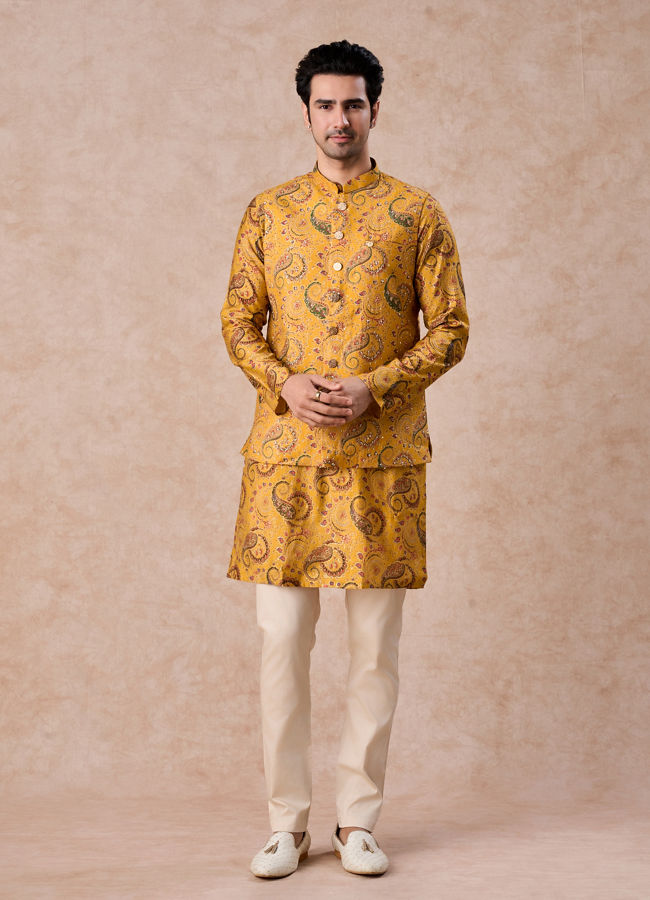 Manyavar Men Mustard Yellow Radiance Kurta Jacket Set