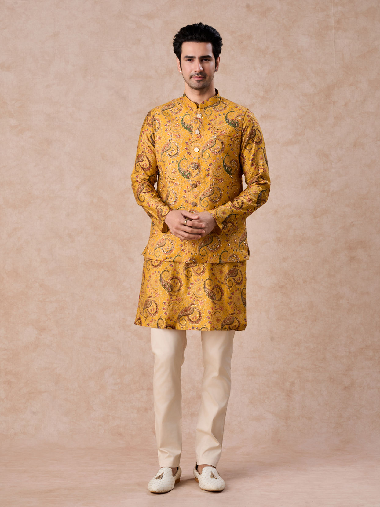 Manyavar Men Mustard Yellow Radiance Kurta Jacket Set