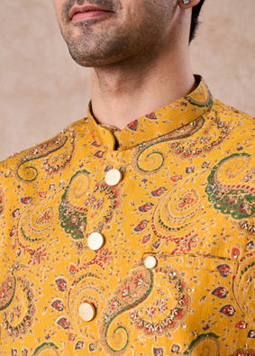 Manyavar Men Mustard Yellow Radiance Kurta Jacket Set