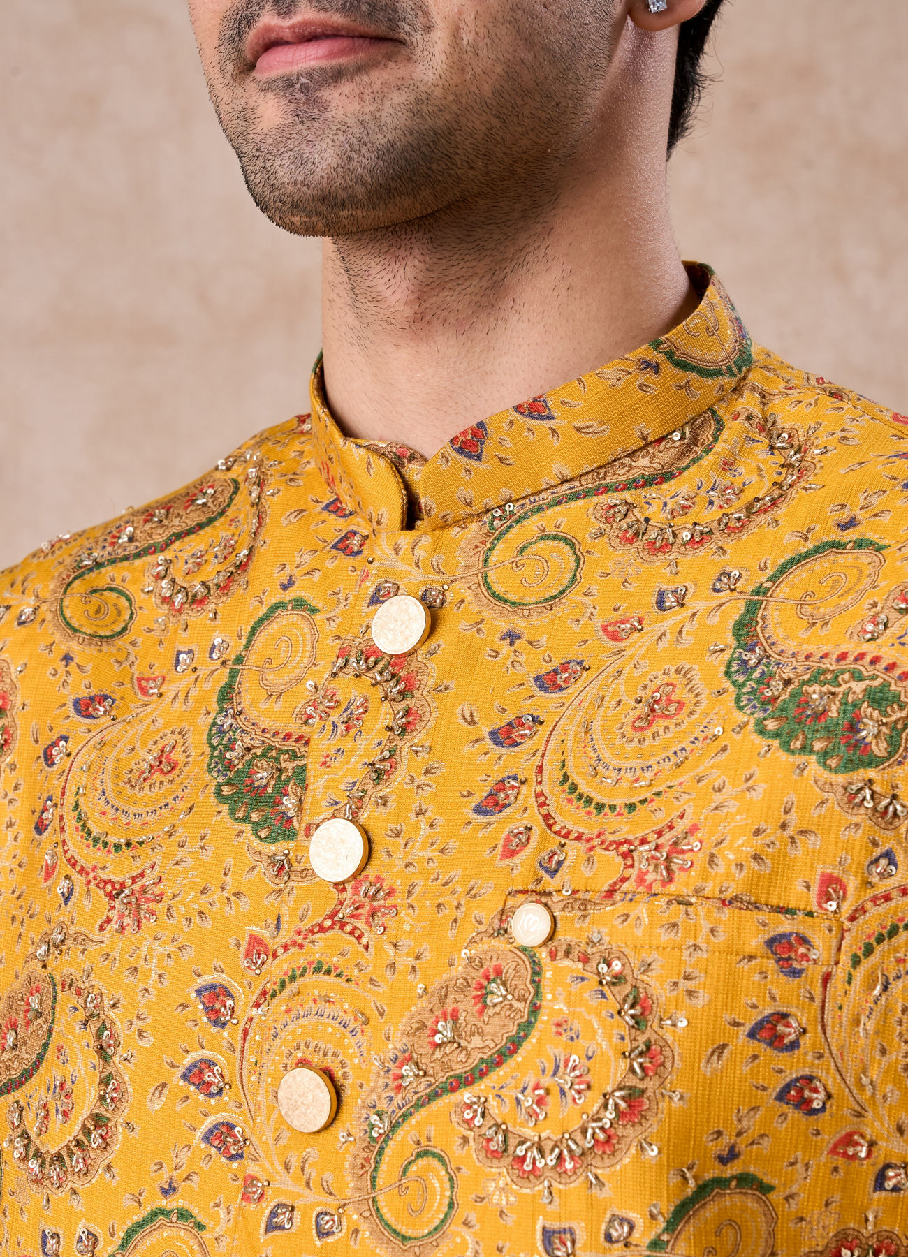 Manyavar Men Mustard Yellow Radiance Kurta Jacket Set