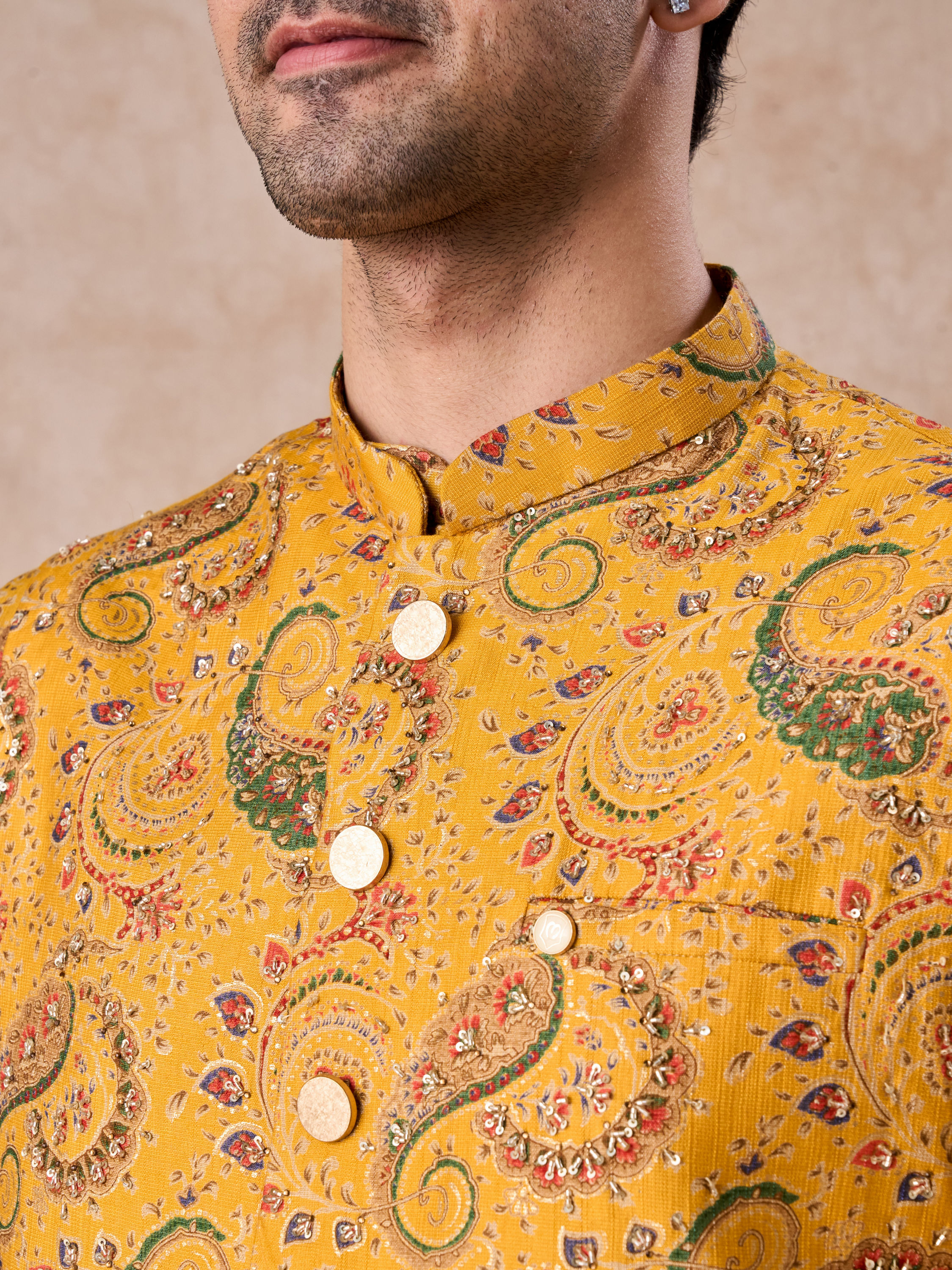 Manyavar Men Mustard Yellow Radiance Kurta Jacket Set