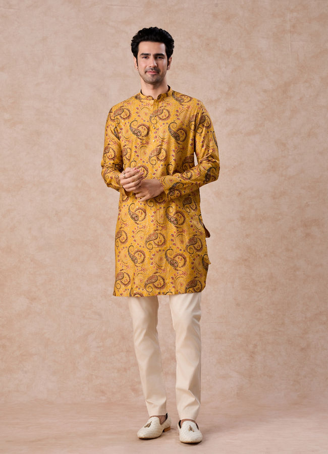 Manyavar Men Mustard Yellow Radiance Kurta Jacket Set