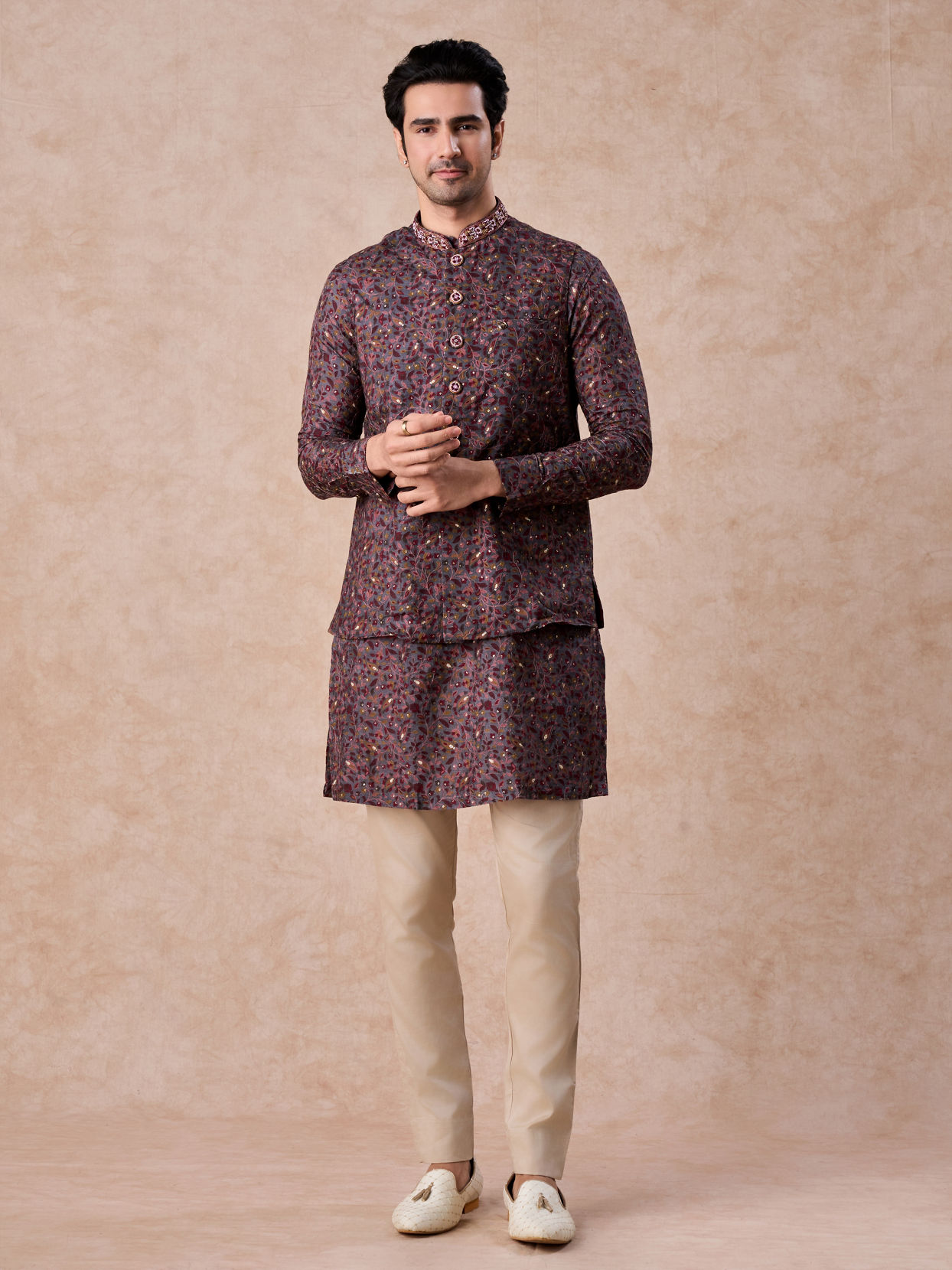 Manyavar Men Grey Hues Splendid Kurta Jacket Set