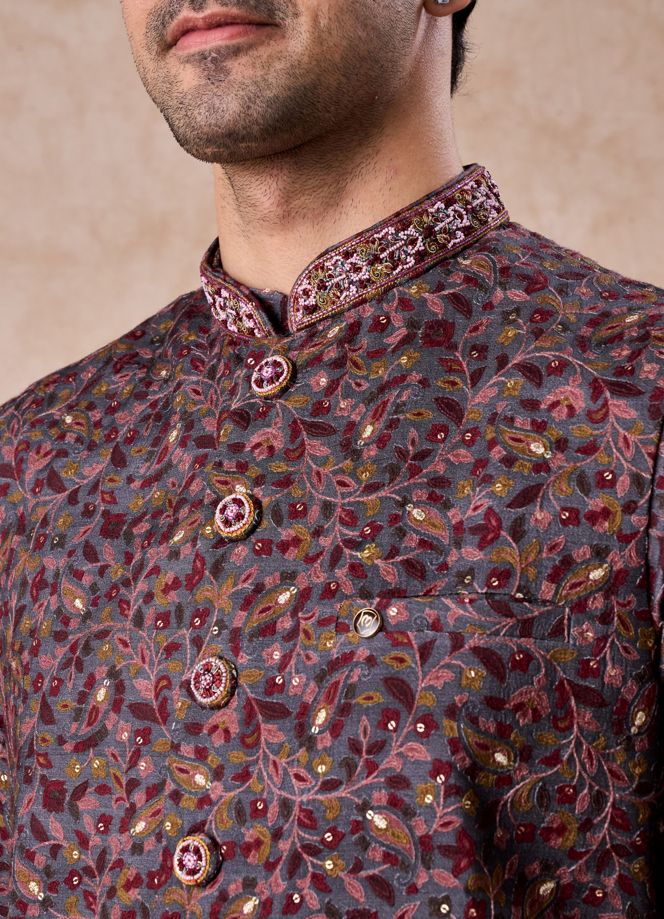 Manyavar Men Grey Hues Splendid Kurta Jacket Set