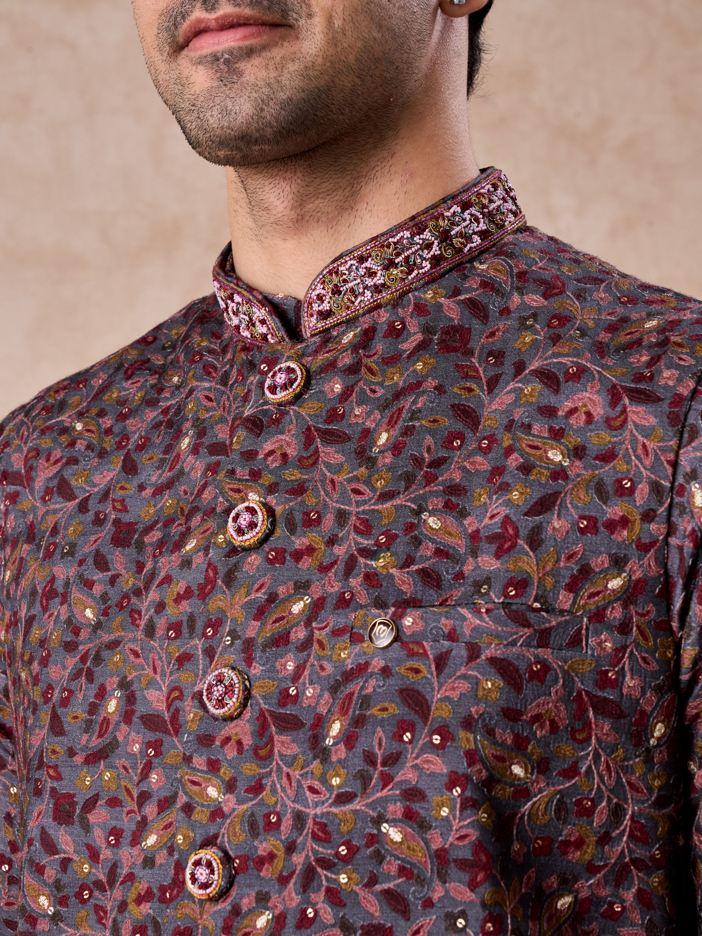 Manyavar Men Grey Hues Splendid Kurta Jacket Set