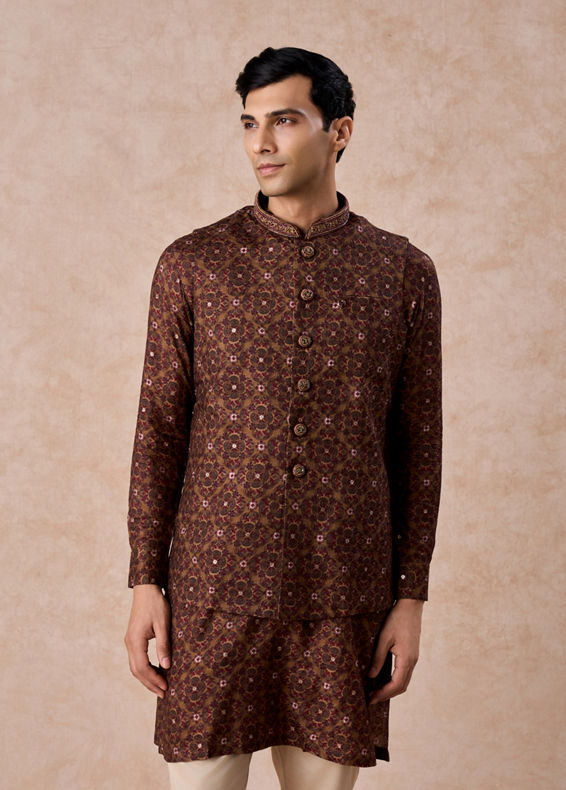 Manyavar Men Mehndi Green Festive Kurta Jacket Set