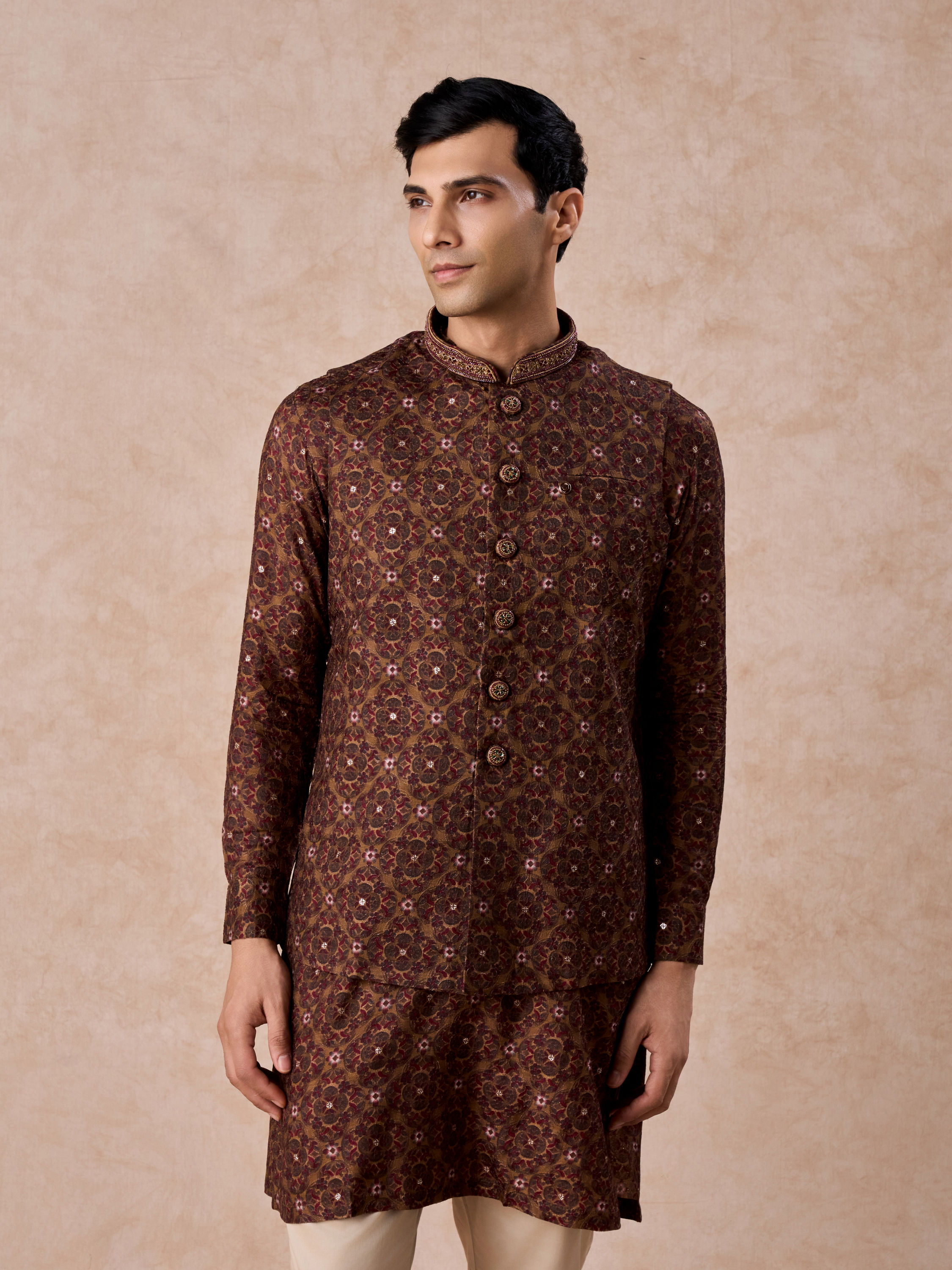 Manyavar Men Mehndi Green Festive Kurta Jacket Set